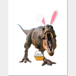 Easter T Rex with bunny ears and easter basket Posters and Art